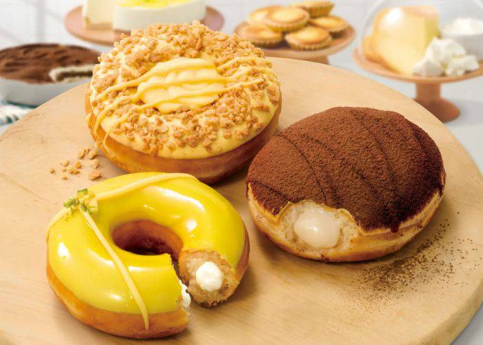 Krispy Kreme's new Cheerful Cheese selection, featuring a cheesecake, tiramisu and lemon tart flavor.